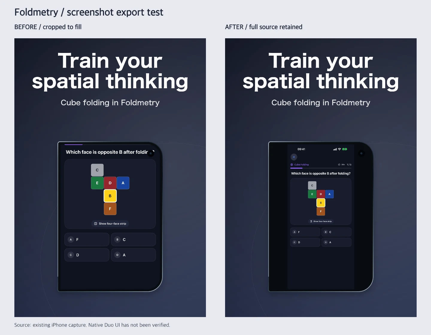 Foldmetry export test using an existing iPhone capture: cropped UI before the fix and the complete source after the fix.